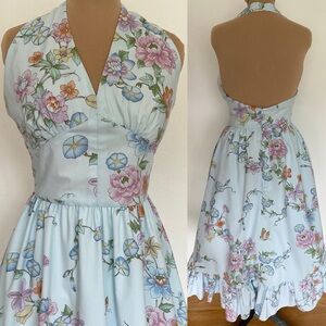 Vintage 50s-Inspired Butterfly Floral Sundress *XL* BLUE Cotton Halter Back